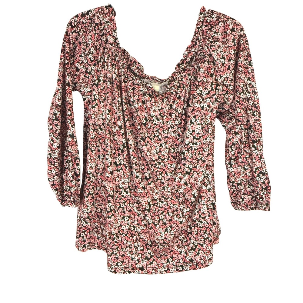 MICHAEL Michael Kors XL Floral Peasant Blouse Pink Black Cotton Modal
